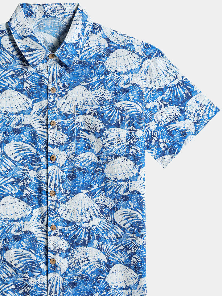 Chemise Homme Coquillages Hawaïenne en Coton Manches Courtes
