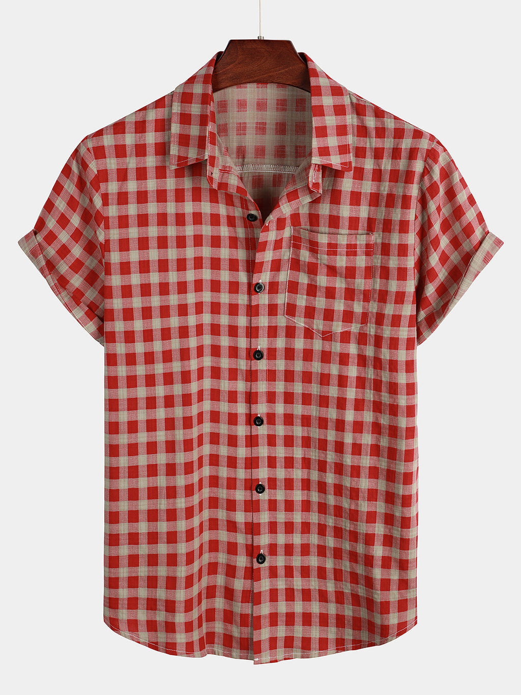 Chemise Homme à Carreaux Rouges avec Boutons et Poche à Manches Courtes