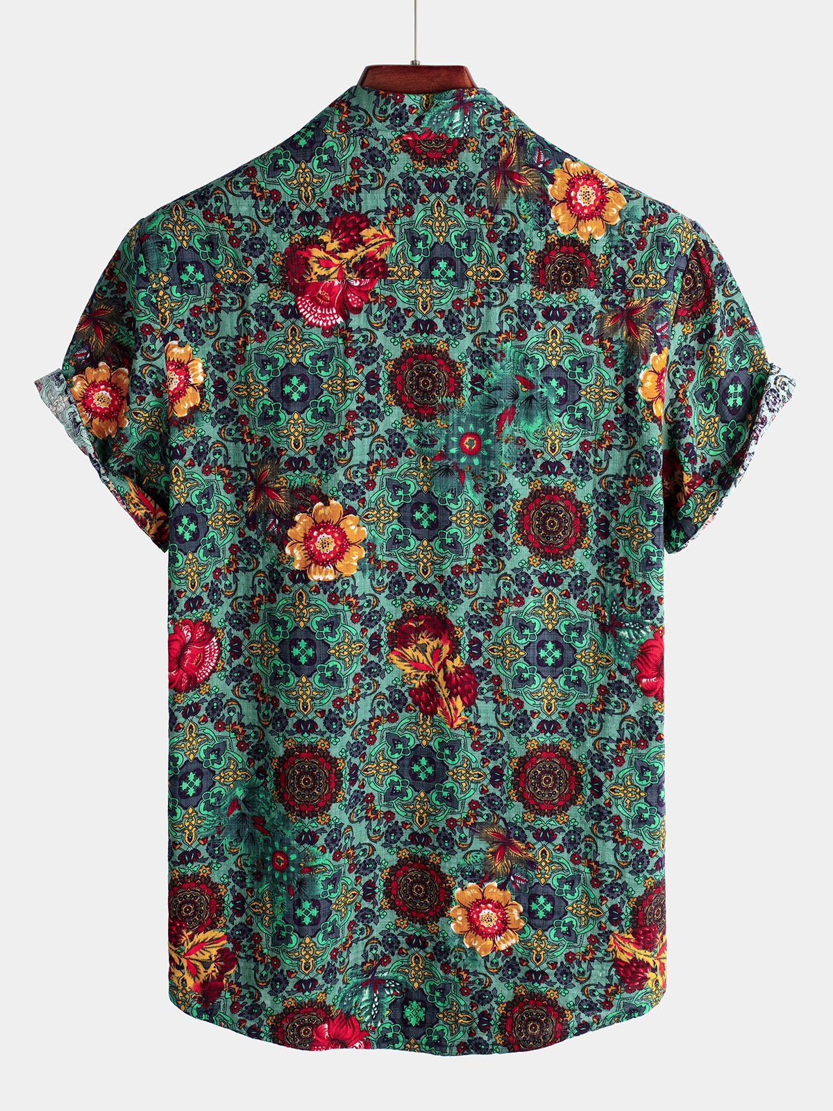 Chemise À Manches Courtes Homme Verte En Coton Imprimé Fleur Vintage