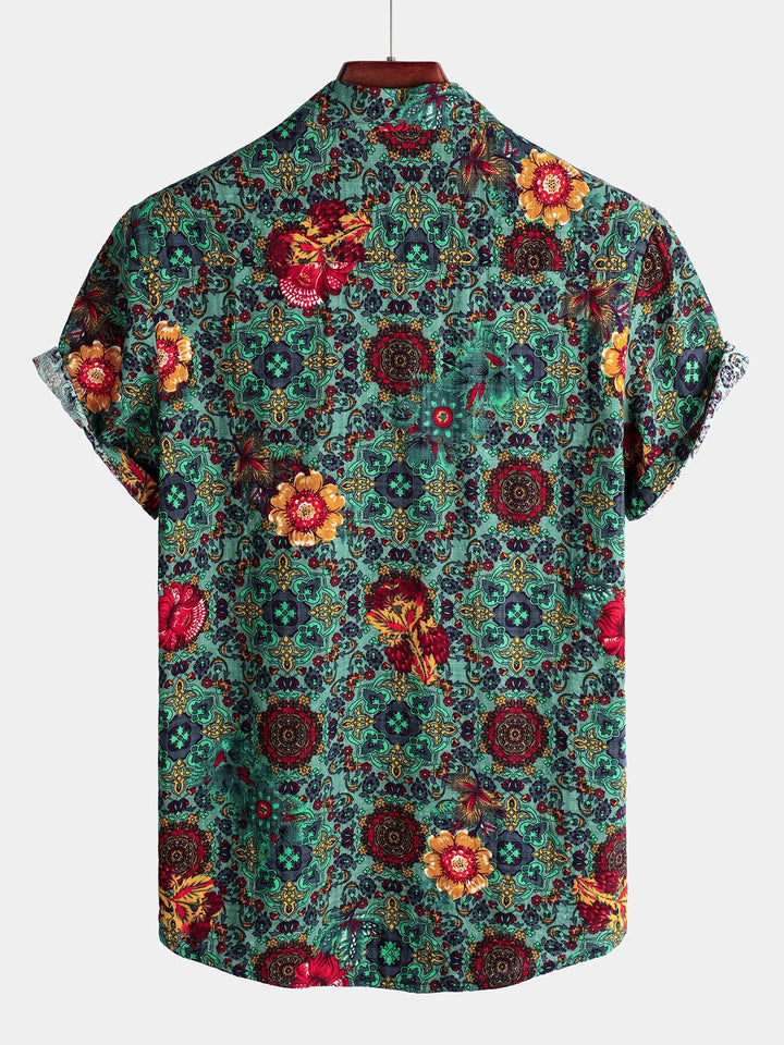 Chemise À Manches Courtes Homme Verte En Coton Imprimé Fleur Vintage