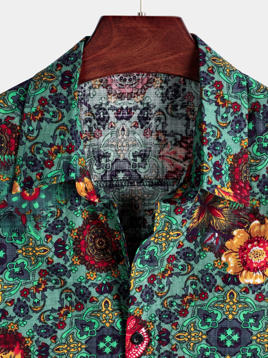 Chemise À Manches Courtes Homme Verte En Coton Imprimé Fleur Vintage