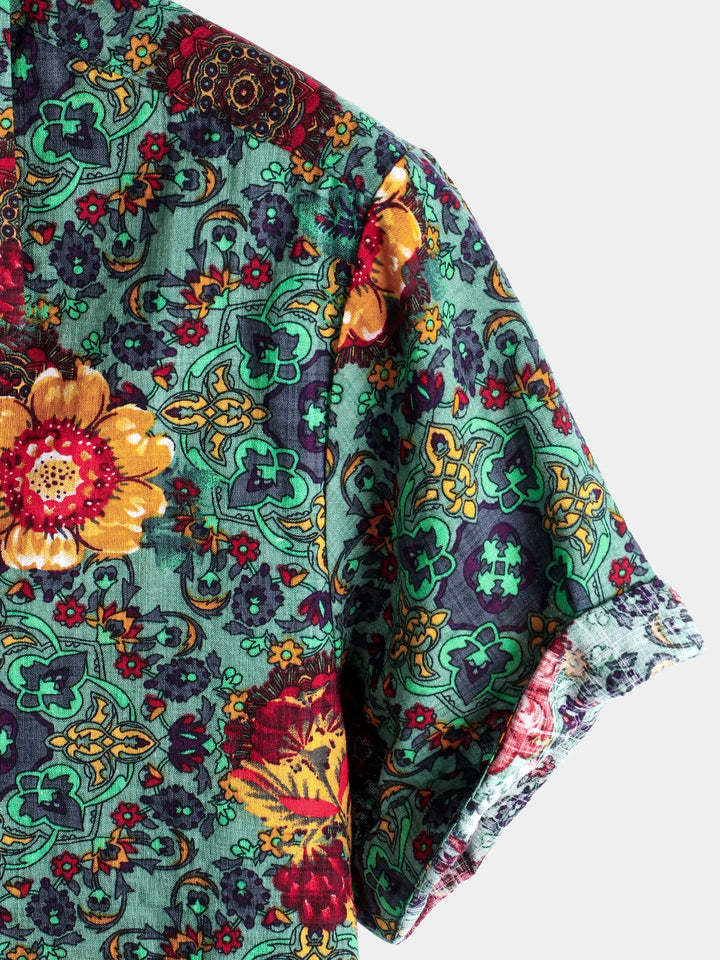 Chemise À Manches Courtes Homme Verte En Coton Imprimé Fleur Vintage