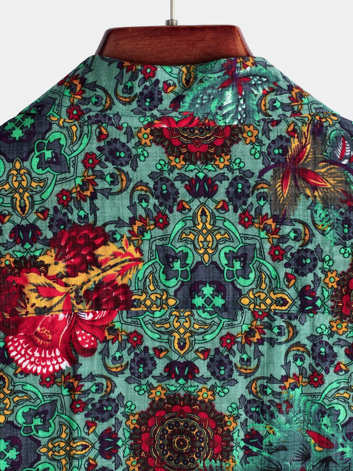 Chemise À Manches Courtes Homme Verte En Coton Imprimé Fleur Vintage