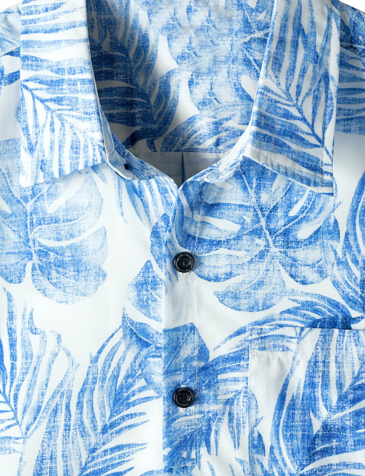 Chemise hawaïenne bleue à manches courtes pour homme avec poche décontractée et imprimé de plantes tropicales