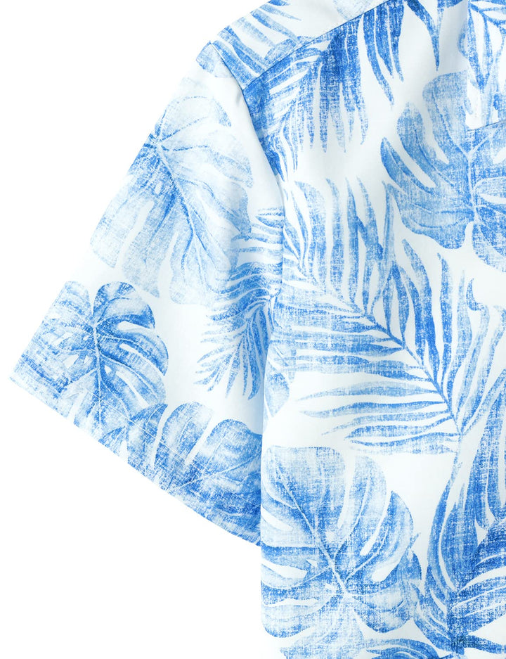 Chemise hawaïenne bleue à manches courtes pour homme avec poche décontractée et imprimé de plantes tropicales