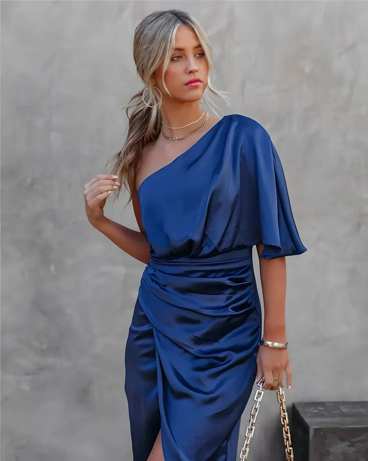 Robe midi asymétrique drapée pour femmes – Cortney