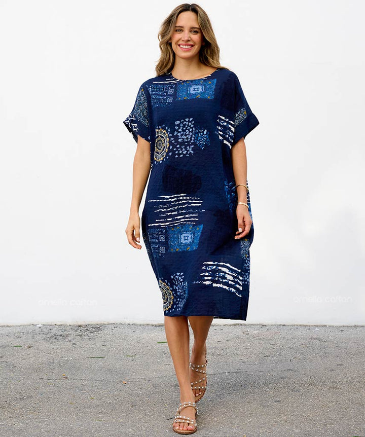 Robe Courte à Poches – Imprimé Abstrait Indigo