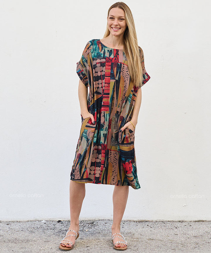 Robe Courte à Poches – Imprimé Patchwork Terracotta