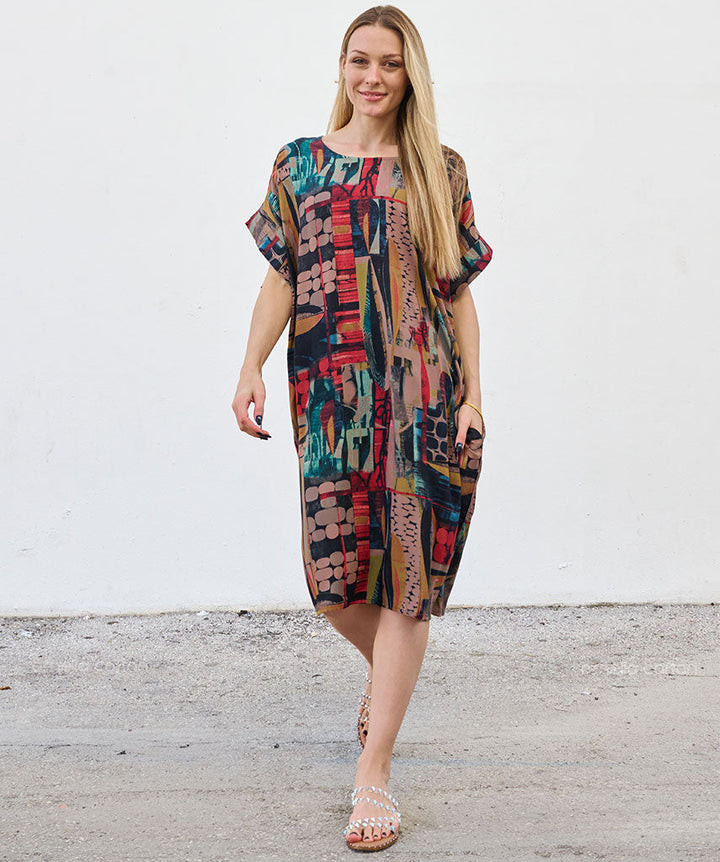 Robe Courte à Poches – Imprimé Patchwork Terracotta