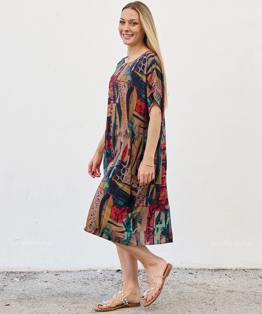 Robe Courte à Poches – Imprimé Patchwork Terracotta
