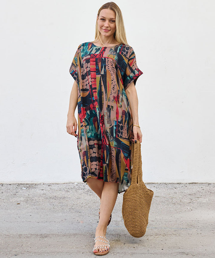 Robe Courte à Poches – Imprimé Patchwork Terracotta