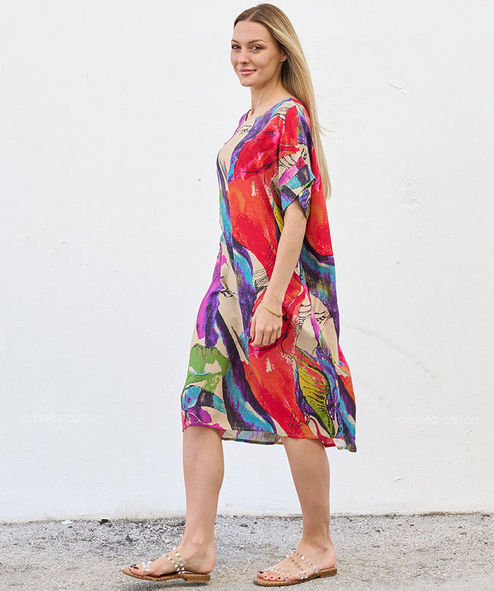 Robe Courte à Poches – Imprimé Abstrait Multicolore