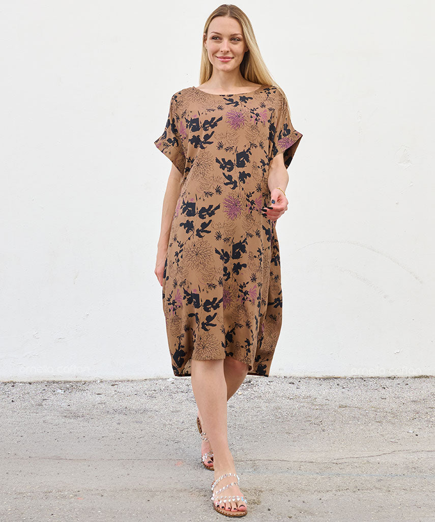 Robe Courte à Poches – Imprimé Floral Camel