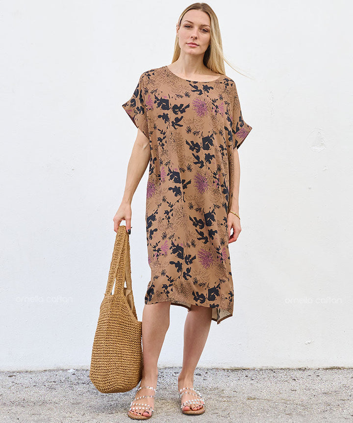 Robe Courte à Poches – Imprimé Floral Camel