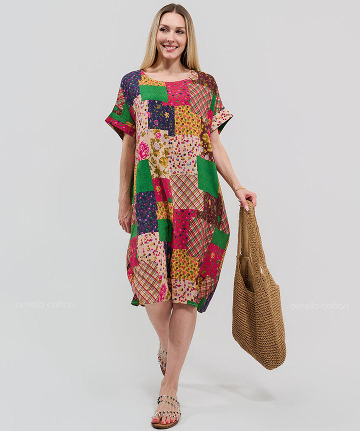 Robe Courte à Poches – Imprimé Patchwork Rose