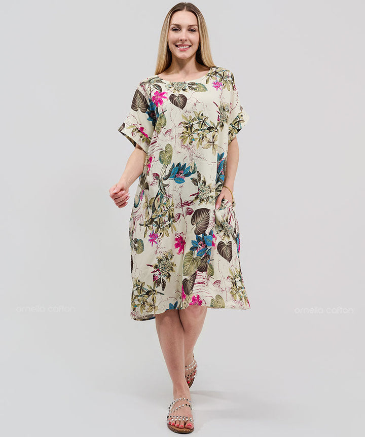 Robe Courte à Poches – Imprimé Floral Écru