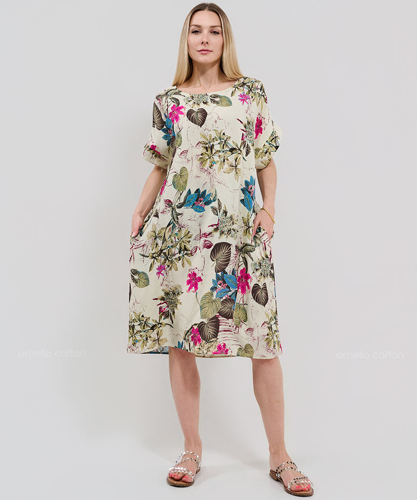 Robe Courte à Poches – Imprimé Floral Écru