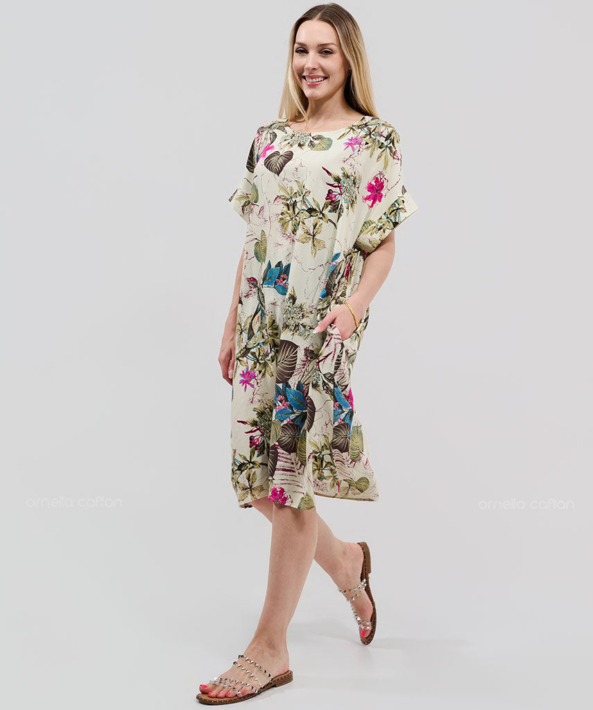 Robe Courte à Poches – Imprimé Floral Écru