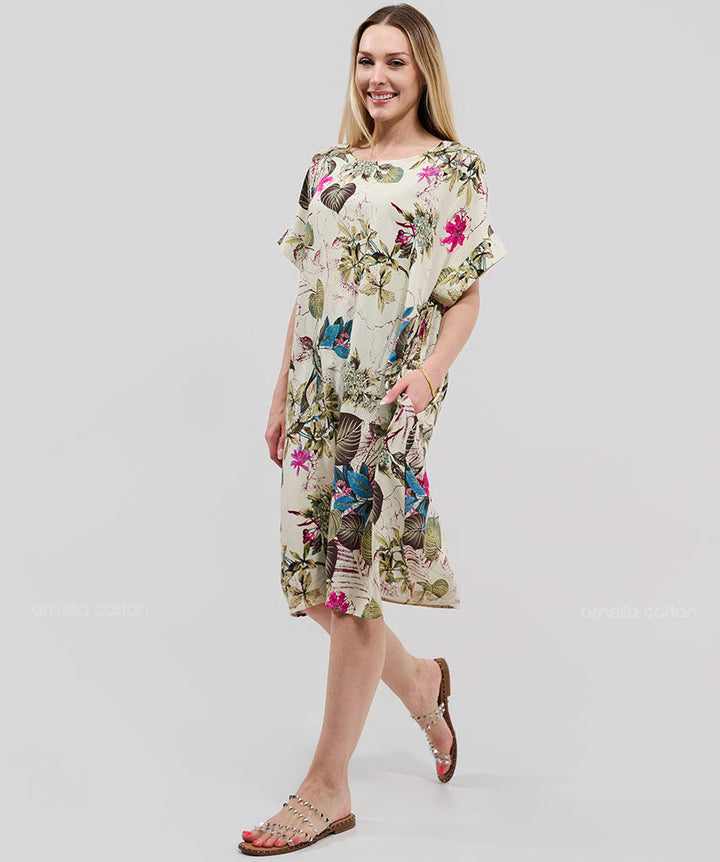 Robe Courte à Poches – Imprimé Floral Écru