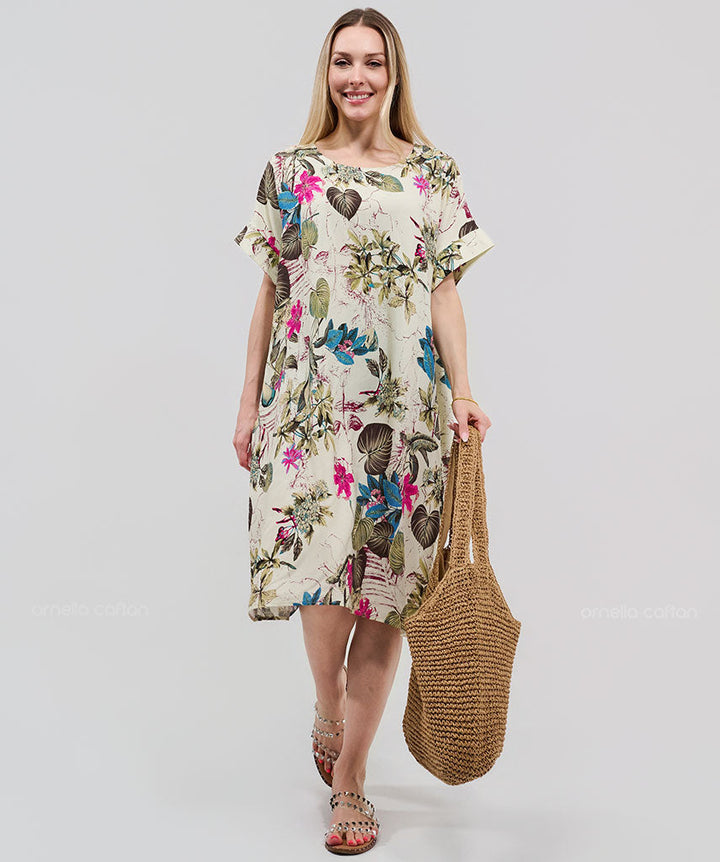 Robe Courte à Poches – Imprimé Floral Écru