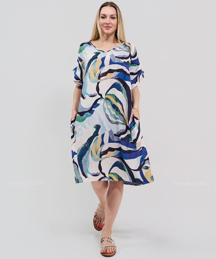 Robe Courte à Poches – Imprimé Abstrait Bleu