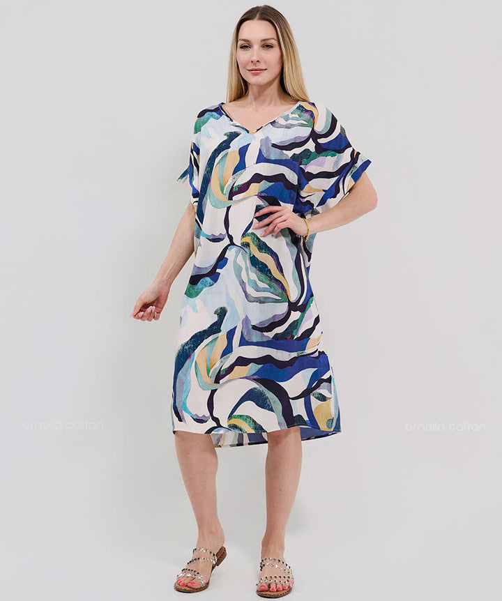 Robe Courte à Poches – Imprimé Abstrait Bleu