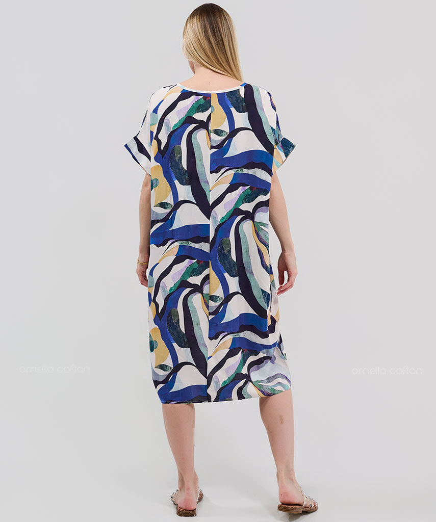 Robe Courte à Poches – Imprimé Abstrait Bleu