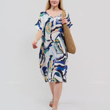 Robe Courte à Poches – Imprimé Abstrait Bleu