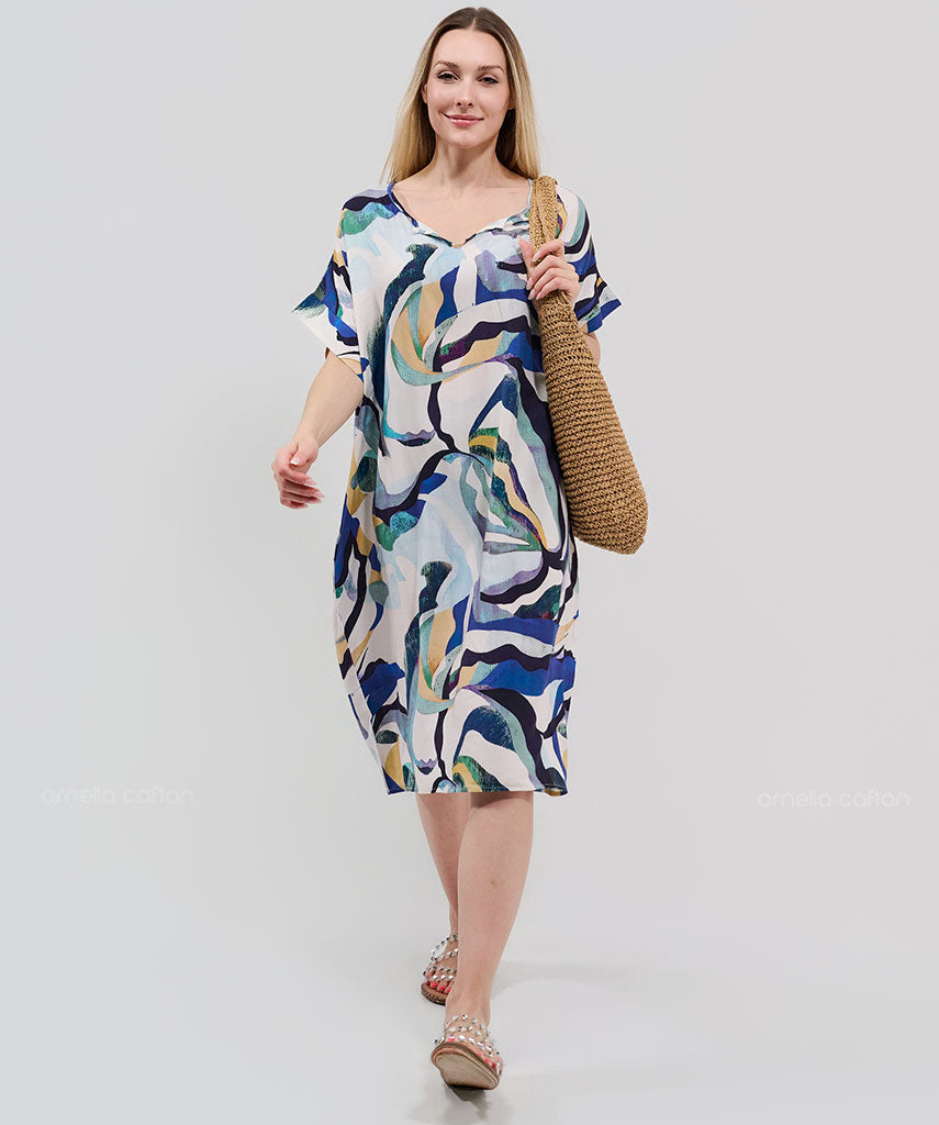 Robe Courte à Poches – Imprimé Abstrait Bleu
