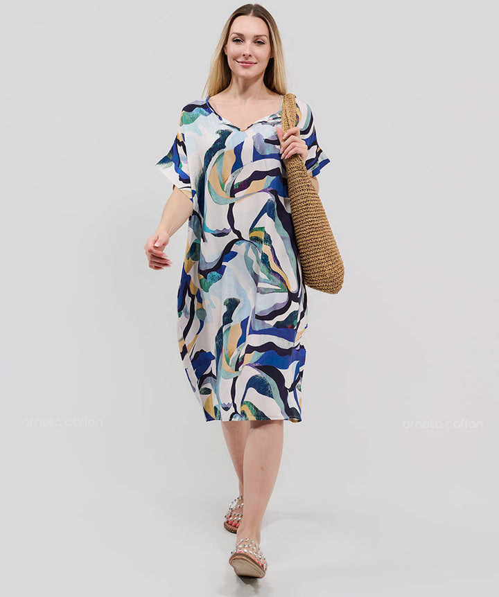 Robe Courte à Poches – Imprimé Abstrait Bleu