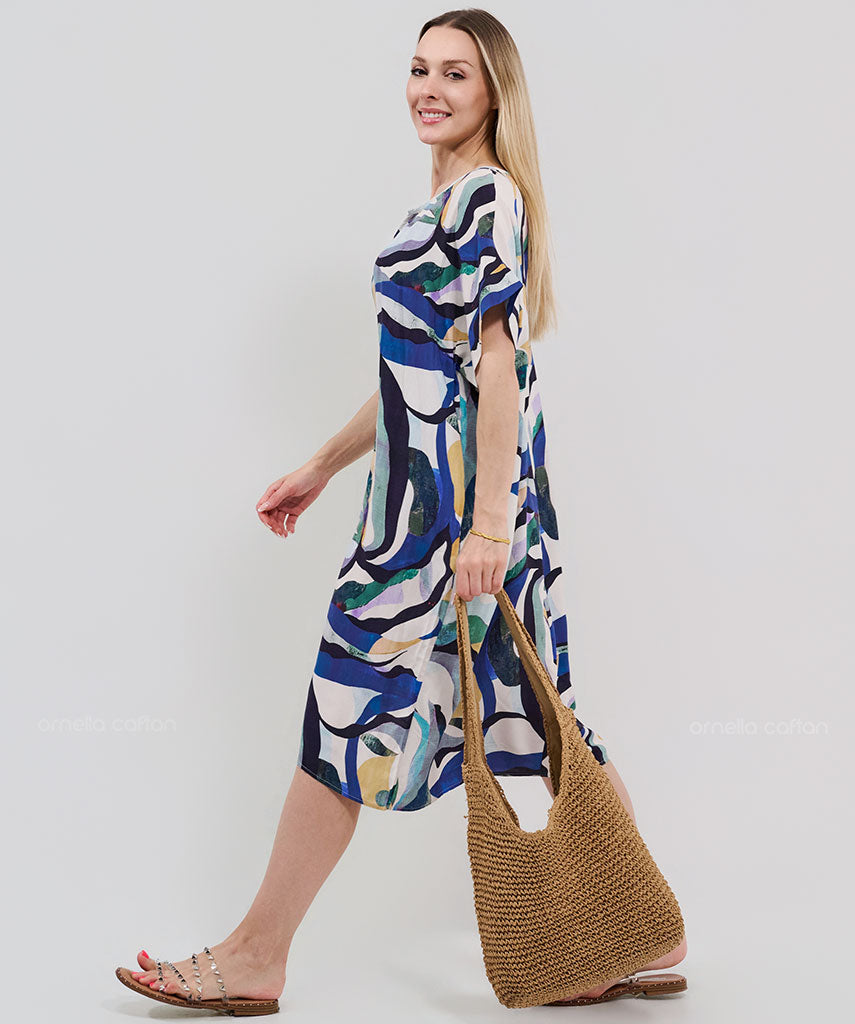 Robe Courte à Poches – Imprimé Abstrait Bleu