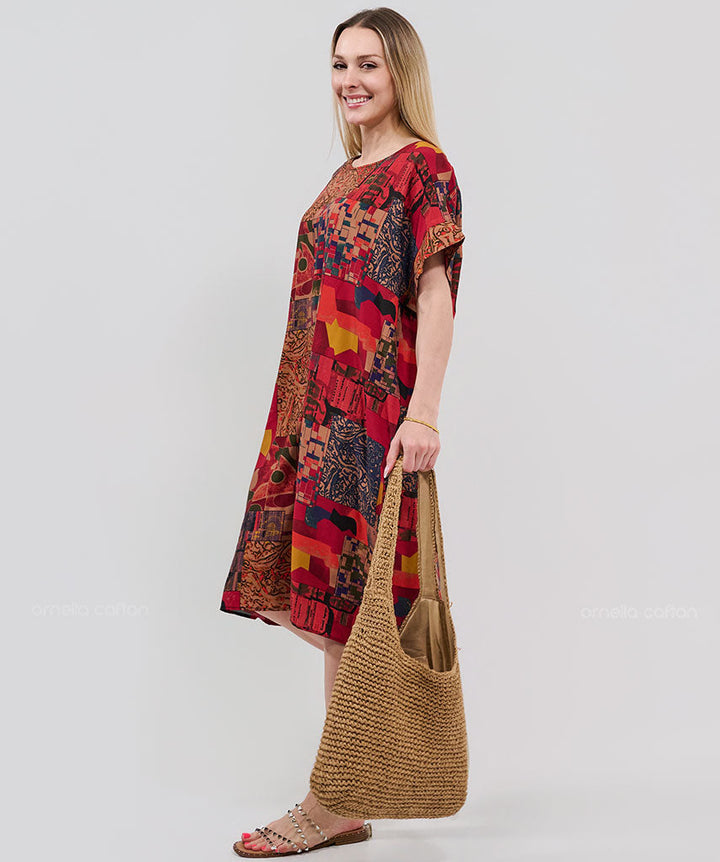 Robe Courte à Poches – Imprimé Patchwork Rouge