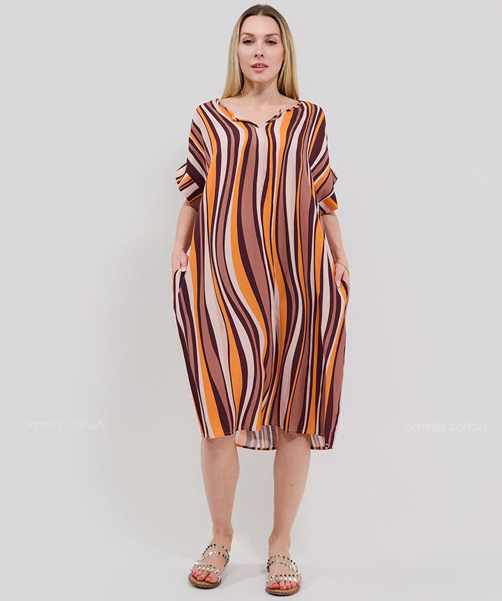 Robe Courte à Poches – Rayures Orange &amp; Noir