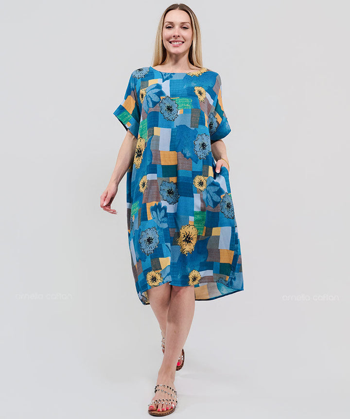 Robe Courte à Poches – Imprimé Patchwork Tournesol
