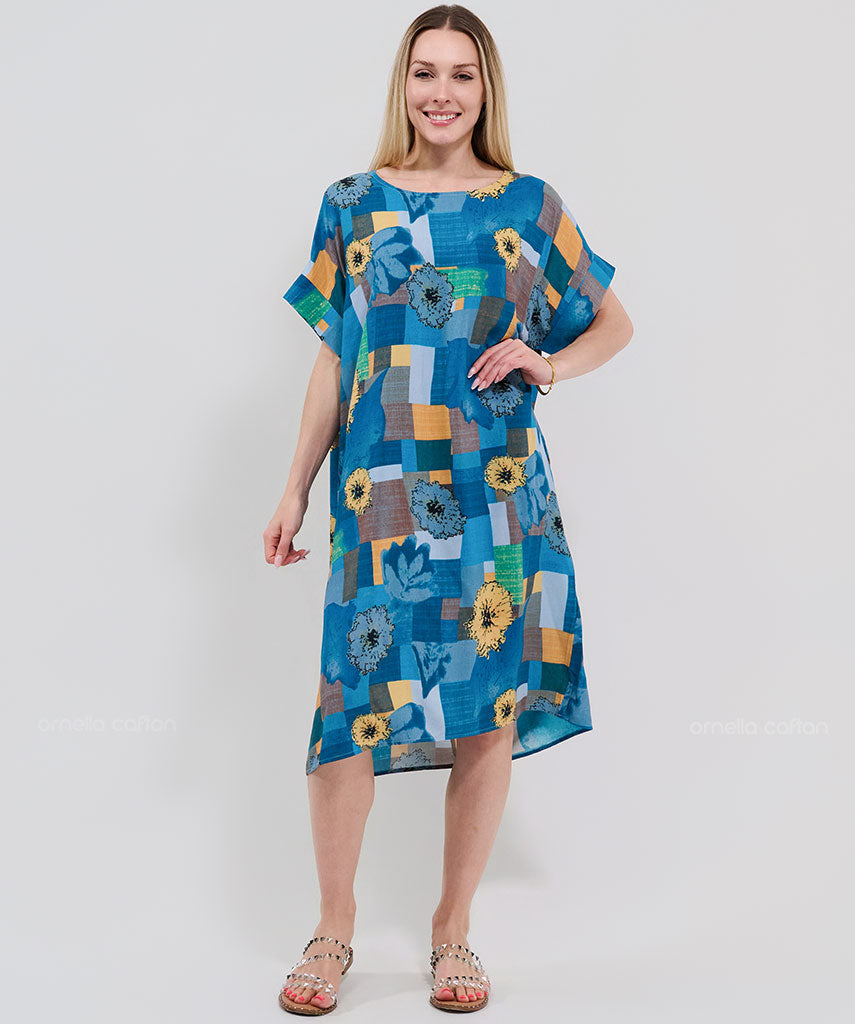 Robe Courte à Poches – Imprimé Patchwork Tournesol