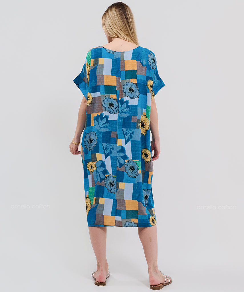 Robe Courte à Poches – Imprimé Patchwork Tournesol