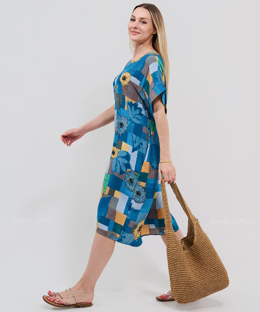 Robe Courte à Poches – Imprimé Patchwork Tournesol