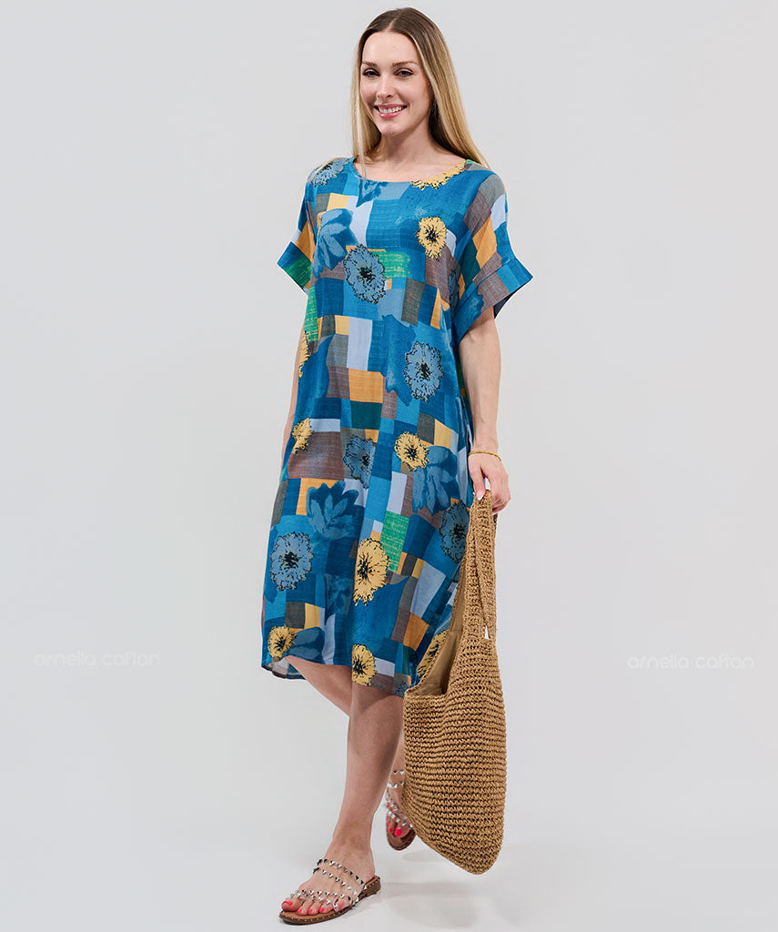 Robe Courte à Poches – Imprimé Patchwork Tournesol