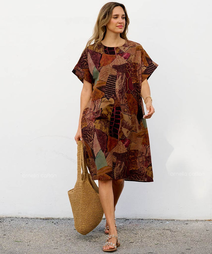 Robe Courte à Poches – Imprimé Patchwork Kaki