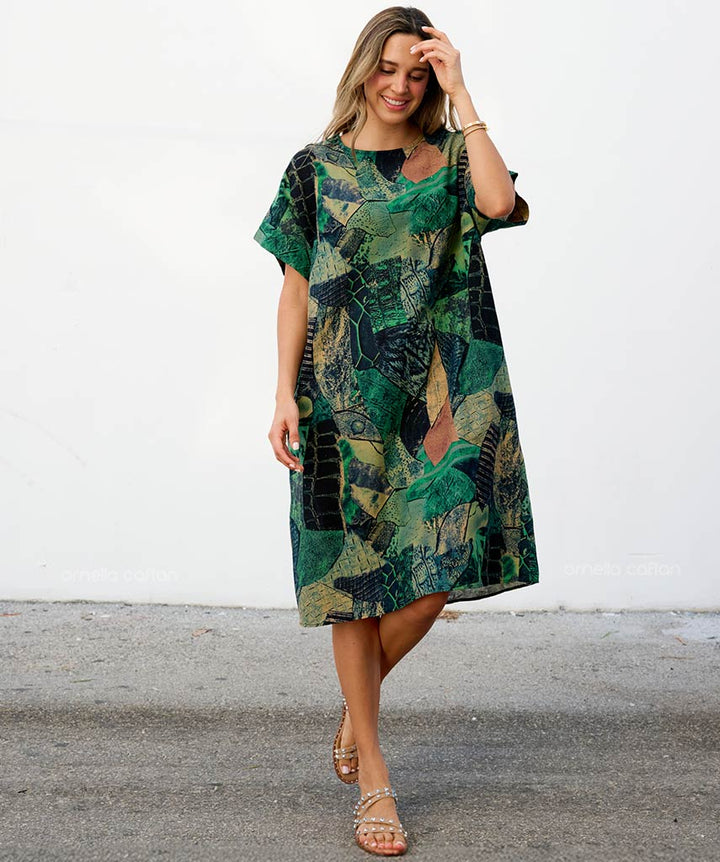 Robe Courte à Poches – Imprimé Tropical Vert