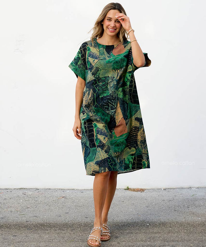 Robe Courte à Poches – Imprimé Tropical Vert
