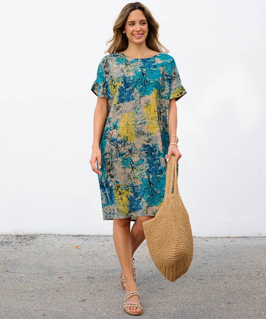 Robe Courte à Poches – Imprimé Aquarelle Turquoise