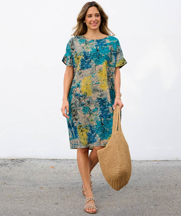 Robe Courte à Poches – Imprimé Aquarelle Turquoise