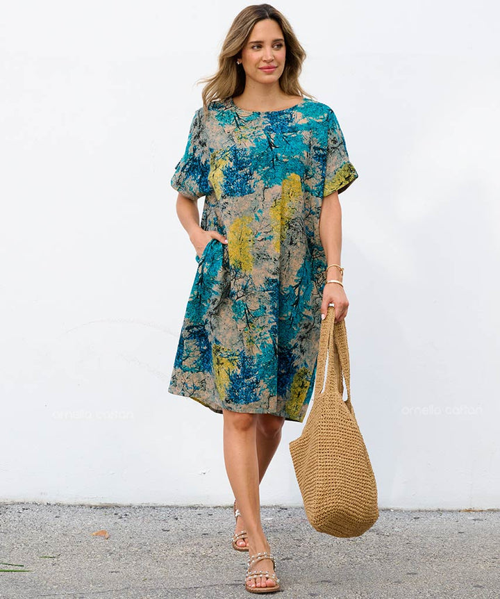 Robe Courte à Poches – Imprimé Aquarelle Turquoise