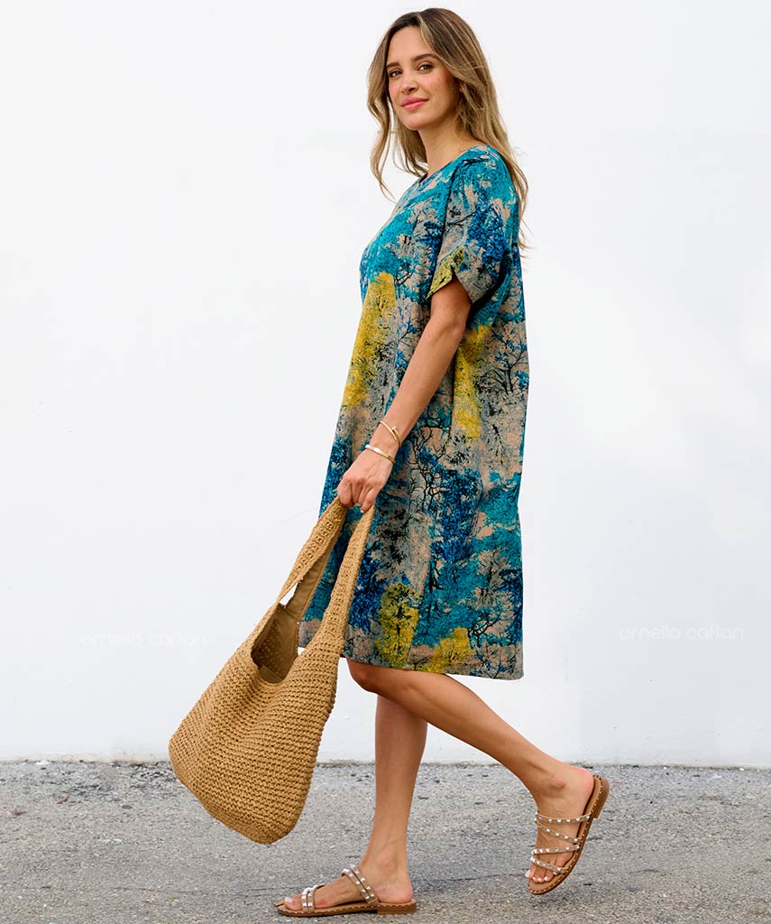 Robe Courte à Poches – Imprimé Aquarelle Turquoise