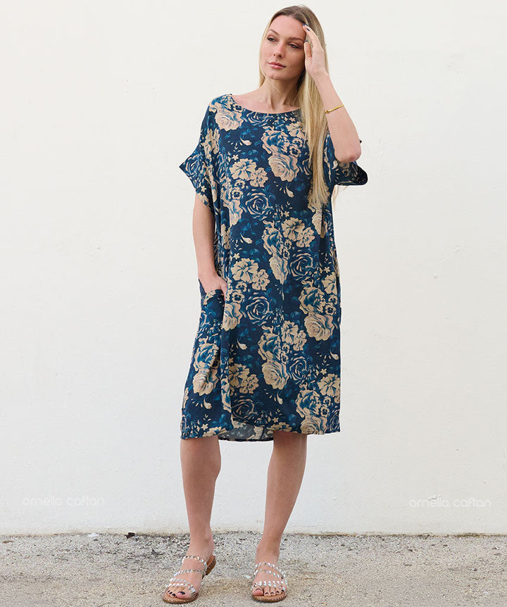 Robe Courte à Poches – Imprimé Floral Bleu Marine