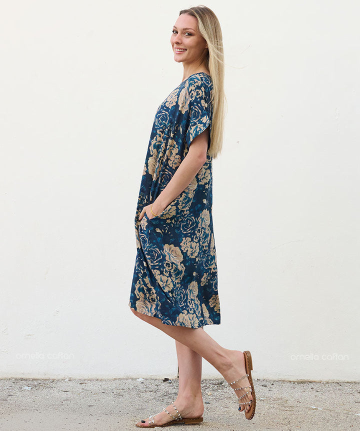 Robe Courte à Poches – Imprimé Floral Bleu Marine