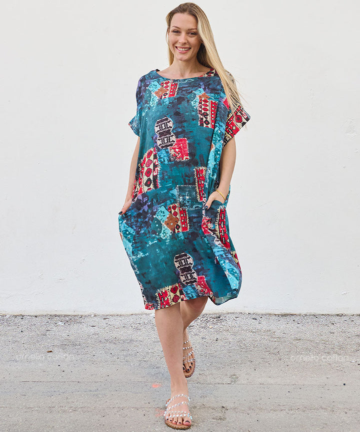 Robe Courte à Poches – Imprimé Abstrait Turquoise