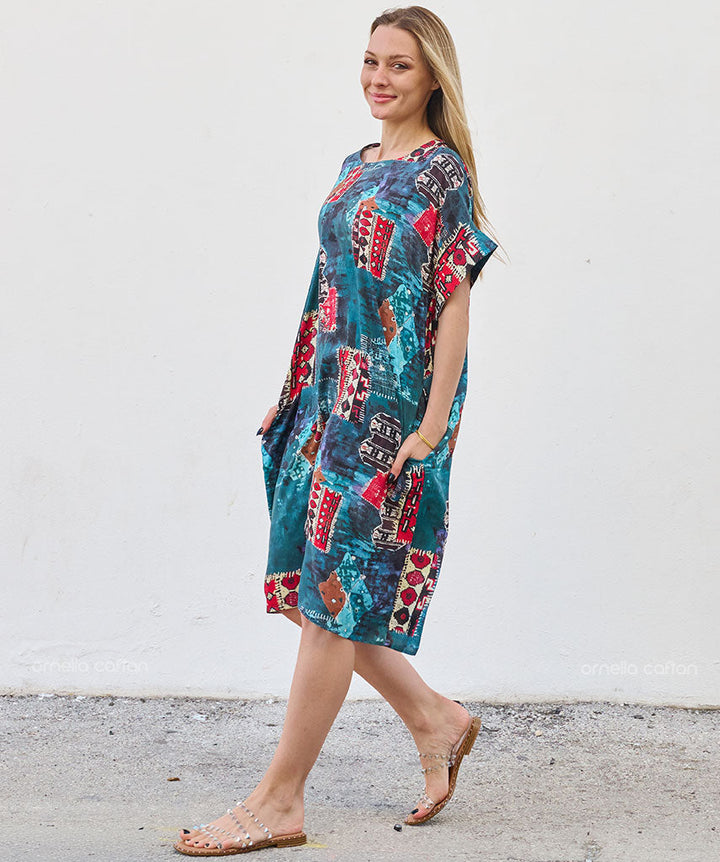 Robe Courte à Poches – Imprimé Abstrait Turquoise