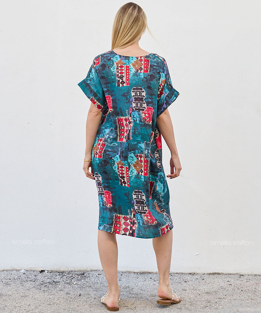 Robe Courte à Poches – Imprimé Abstrait Turquoise